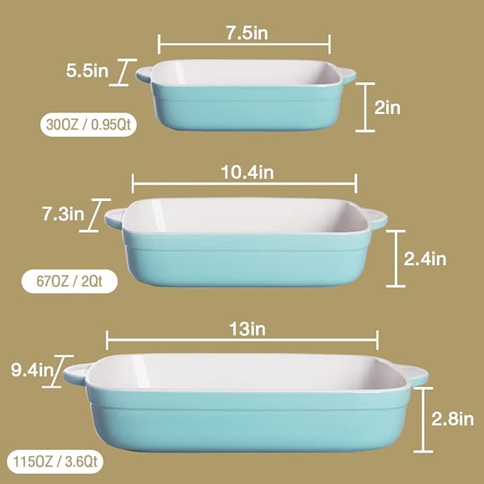 Sweejar Casserole Dishes for Oven, Ceramic Bakeware Set of 3, Lasagna Pan Deep with Handle, Rectangular Baking Pan Set, 9x13 Baking Dish for Cooking, Banquet and Daily Use (Red)