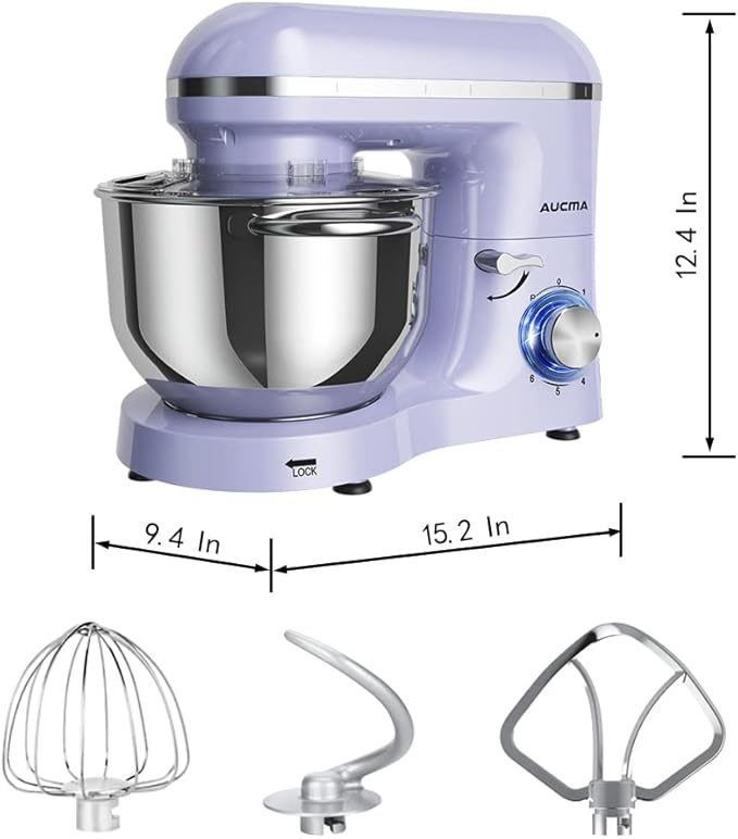 Aucma Stand Mixer,6.5-QT 660W 6-Speed Tilt-Head Food Mixer, Kitchen Electric Mixer with Dough Hook, Wire Whip & Beater (6.5QT, Lavender)