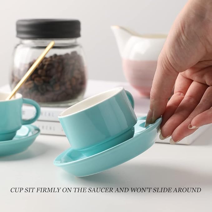 Sweejar Porcelain Espresso Cup & Saucer Set, Stackable Demitasse Cups with Metal Stand, 2.5 OZ for Latte,Coffee,Cafe Mocha,Tea, Set of 6 (Black)