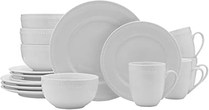 Everyday White by Fitz and Floyd, Beaded 16 Piece Dinnerware Set, Service for 4