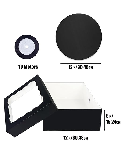 qiqee 12x12x6 Cake Box, 18 Sets Black Cake Box with Window ＆ 18 Sets 8" Cake Round Boards, 8inch Cake Containers, 10 Meters Silk Ribbon