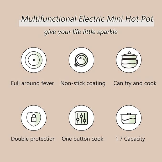 Drizzle Electric Cooker 1.7L - Mini Skillet Non-Stick Coating - Stir Fry Food Maker 110V Portable Cookerware Dorm Cooking - for Personal Ramen Boiling Steak Egg Oatmeal Soup Shabu Shabu Pot Simmer Pot
