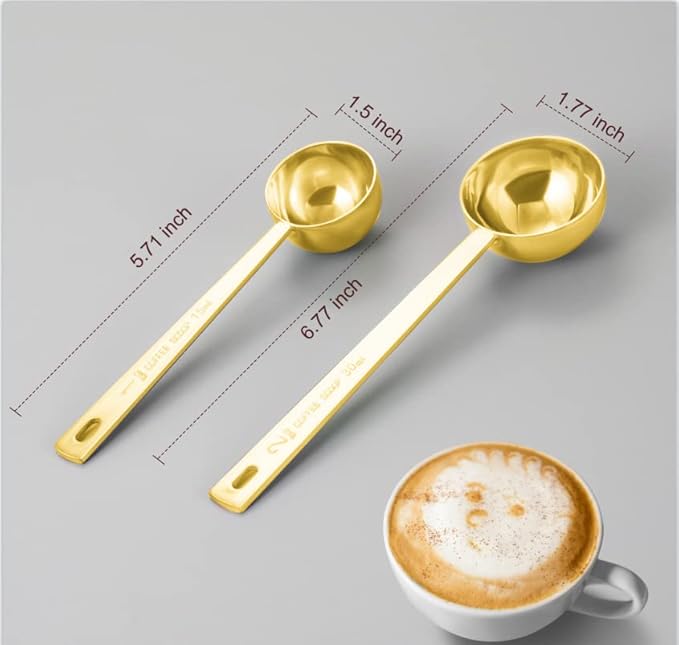 Premium Coffee Scoop Set, Set of 2, Metal Stainless Steel Long Handle Coffee Scoop, Measuring Coffee Spoons Contains 1 Tablespoon (15 ml) and 2 Tablespoons (30 ml) Spoon-Gold