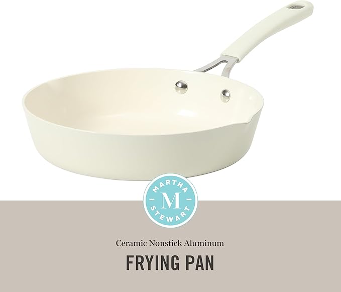 Martha Stewart Heathland 9.5 Inch Aluminum Cookware Non-Toxic Premium Ceramic Non Stick Frying Pan, Kitchen Egg Pan, Omelet, Pots and Pans, Linen White, Induction Safe