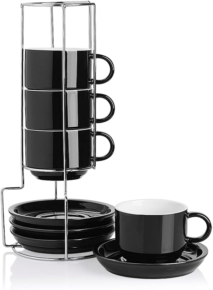 Sweejar Porcelain Cappuccino Cups with Saucers and Metal Stand, 8 Ounce Stackable Espresso Cups for Specialty Coffee Drinks, Latte, Americano, Tea - Set of 4 (Black)