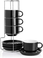 Sweejar Porcelain Cappuccino Cups with Saucers and Metal Stand, 8 Ounce Stackable Espresso Cups for Specialty Coffee Drinks, Latte, Americano, Tea - Set of 4 (Black)