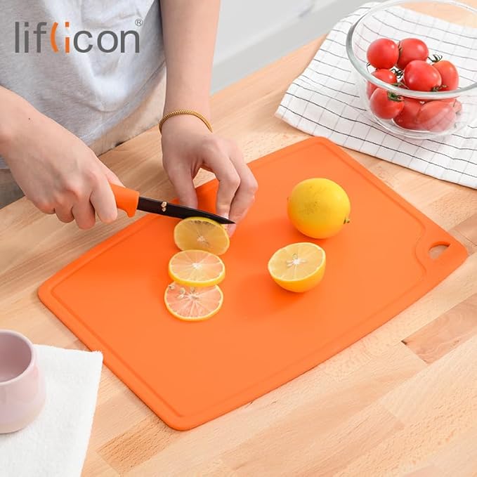 Thick Silicone Cutting Boards for Kitchen Silicone Chopping Boards/Mats Set of 2 Extra Large14.6''x10.43'', Mini 9.1”x7.1” Non-slip Deep Drip Juice Groove, Dishwasher Safe-Orange