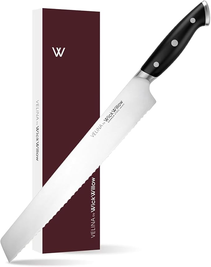 10” Bread Knife – Razor Sharp German Steel DIN1.4116 – Serrated Knife for Slicing Homemade Bread, Sourdough & Cake – Full Tang & Ergonomic Handle – Gift Box – Velina series