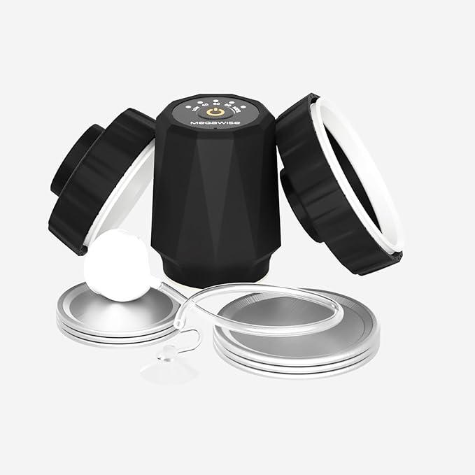 MEGAWISE Handheld Vacuum Sealer for Mason Jars, Compatible with Regular and Wide Mouths, Includes 6 Jar Lids & Accessory Hose
