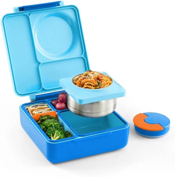OmieBox Bento Box for Kids - Insulated Bento Lunch Box with Leak Proof Vacuum Insulated Food Jar - 3 Compartments, Two Temperature Zones (Blue Sky)