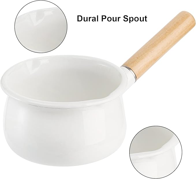 Jucoan 1 Quart Enamel Milk Pan with Dual Pour Spout, Small Enamel on Steel Saucepan Milk Pot Butter Warmer with Wooden Handle, Stove Top Soup Pot Simmer Pot for Home Kitchen Cooking Heating Boiling