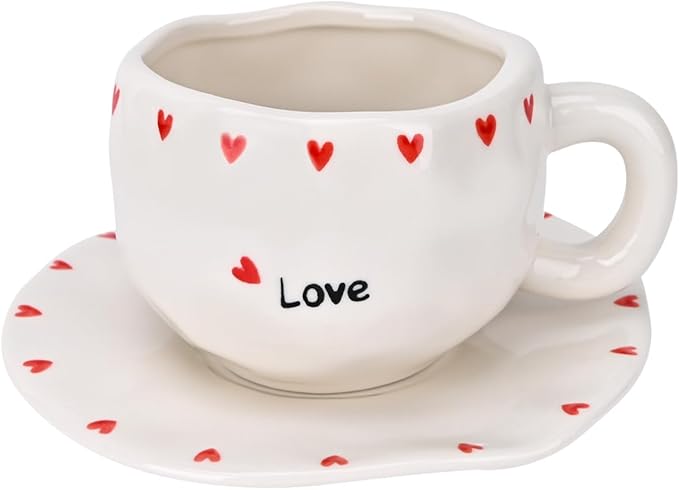 Koythin Ceramic Coffee Mug with Saucer Set, Cute Creative Love Heart Cup Unique Irregular Design for Office and Home, 10 oz/300 ml for Latte Tea Milk