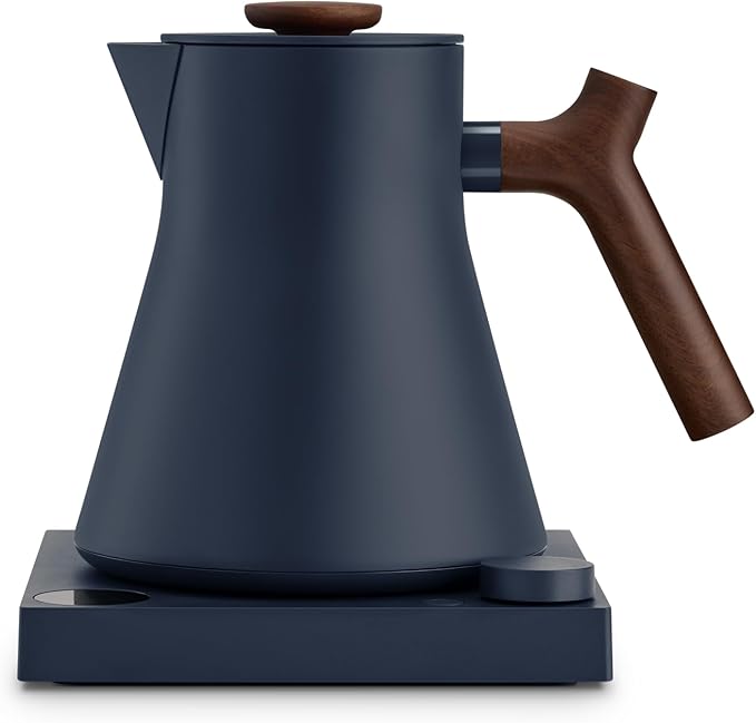 Fellow Corvo EKG Pro Electric Tea Kettle - Quick Heating, Precise Temperature Control Electric Kettle, Scheduling, Built-in Brew Timer for Boiling Water - Stone Blue with Walnut Handle - 0.9 Liter