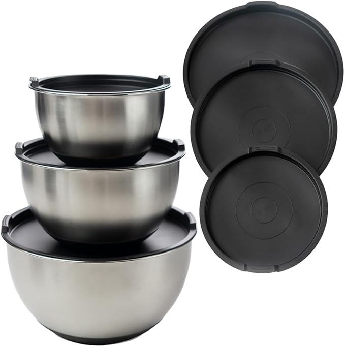 ANGORA BRANDS Stainless Steel Mixing Bowls with Lids - Set of 3 Durable Metal Bowls for Baking & Cooking - Nesting Bowls for Kitchen Efficiency - Non-Slip Mixing Bowls Stainless Steel by Samma