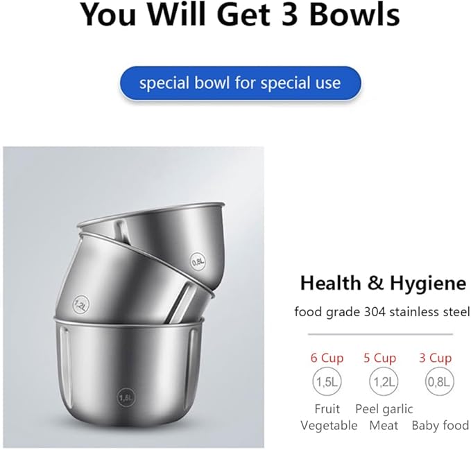 Joydeem JD-376B Electric Food Processor,Meat Grinder with Garlic Peeler,Vegetable Fruit Chopper with 3 Stainless Steel Bowls,Blue