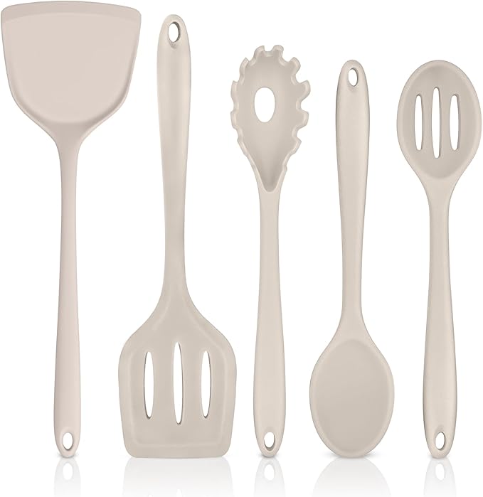 TeamFar Silicone Cooking Utensils, Kitchen Utensils Set of 5, Nonstick Cookware Tools Turners Spoons Pasta Server for Home, Healthy & Heat-Resistant, Seamless & Non-Scratch, Dishwasher Safe, Khaki