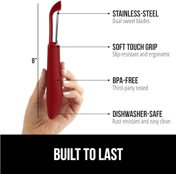 GORILLA GRIP Patented BPA-Free Sharp Stainless Steel Swivel Vegetable Peeler, Comfortable Handle Potato Peelers, Smooth Peeling, Peel Carrots Apple, Includes Blade Cover, Kitchen Tool, Red