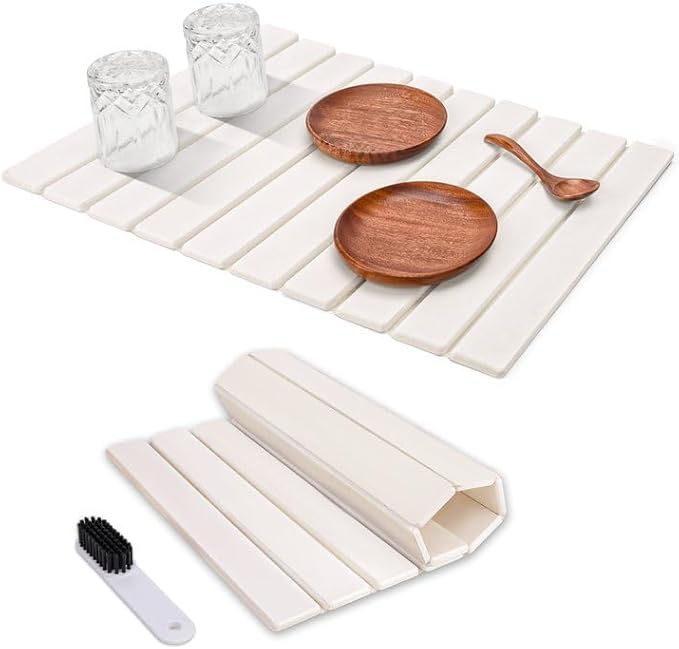 Foldable Stone Dish Drying Mat for Kitchen Counter,24"×16"Fast Dry Pad Absorbent Countertop Mat, Heat-resistant Mat,Diatomaceous Earth Mats,White