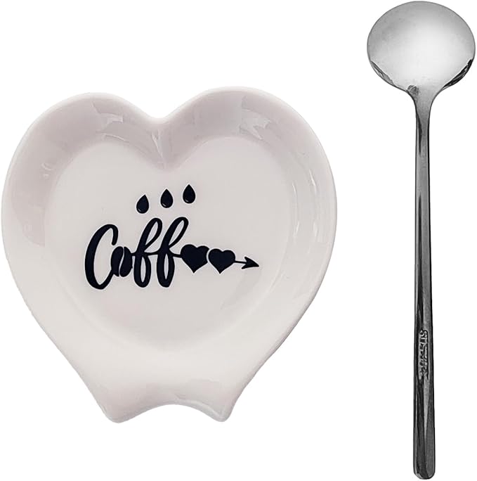 Heart-shaped Coffee Spoon Rest, Mini Coffee Spoon Holder, Small Ceramic Spoon Rest for Coffee Stirrers, Teaspoon, Bar Spoon, Coffee Bar Accessories, Coffee Station (White+Sliver spoon)