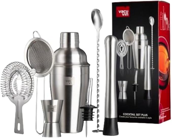 Vacu Vin Cocktail Set Plus – 7-Piece Bartender Kit with Stainless Steel Tools – Includes Shaker, Jigger, Muddler, Strainer, Pourer, Sieve, and Bar Spoon – Dishwasher Safe Home Bar Set