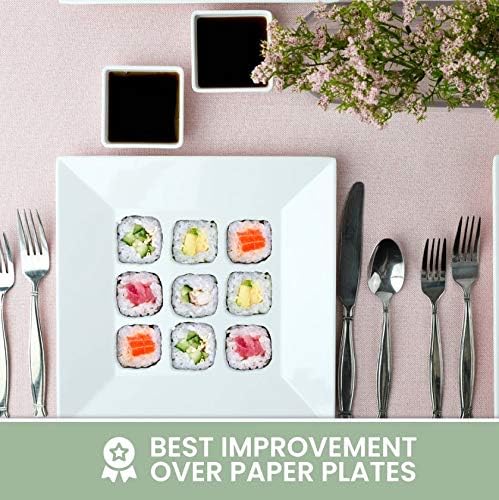 [6 x 4 Pack] 10" x 10" White Square Melamine Plates, Unbreakable Elegant Dinnerware Set With Sauce Dish