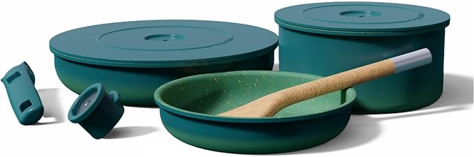 Ombré Ceramic Titanium Non-Toxic, Nonstick Cookware Set 8-Piece Modular System with Removable Handle and Magnetic Lid, Magnetic Spatula, Eco-Friendly, Oven & Dishwasher Safe (Green)
