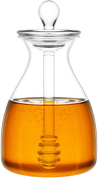Mkono Honey Dispenser Glass Honey Pot Honey Jar with Dipper Sticks and Lid Cover Honey Containers Holder for Home Kitchen, 14 Ounces