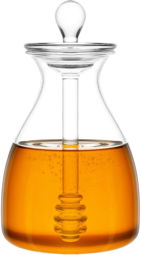 Mkono Honey Dispenser Glass Honey Pot Honey Jar with Dipper Sticks and Lid Cover Honey Containers Holder for Home Kitchen, 14 Ounces
