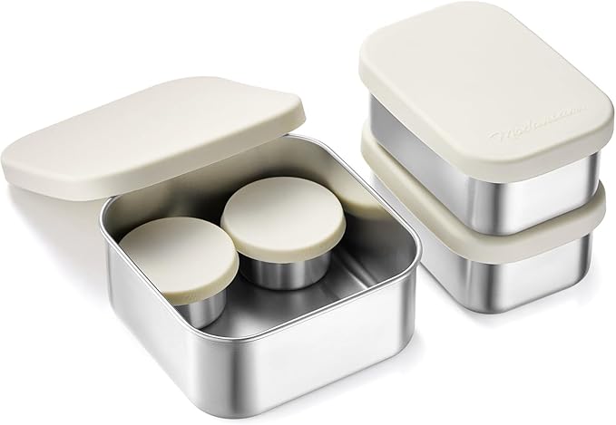 Flexibento - Leak proof Stainless Steel Lunch Box | Lunch Containers with Lids | Steel Bento Box |Metal lunch Box|1*25 OZ+ 2*13 OZ + 2 *2 OZ| Set Of 5 |Vanilla (Vanilla 52 Oz Set (set of 5))