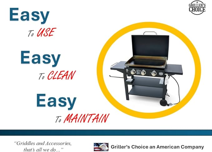 Griller's Choice Gas Griddle with Hinged Hood & Wind Guards, 4 Shelves, Propane Griddle for Flat Grills Outdoor Cooking, Front Grease Management, Steel Flattop Grills Surface, Precision Heat Control