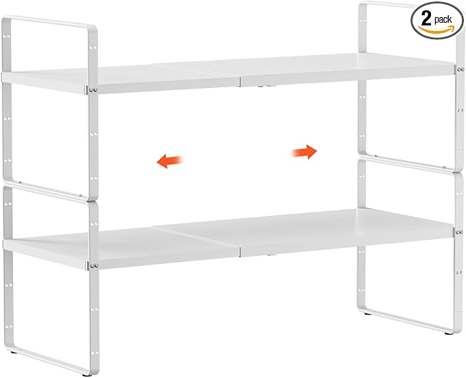 2Pack 16.5-27’’L Expandable Cabinet Shelf Organizers, Stackable Metal Shelves Extender for Kitchen Countertop Storage, Adjustable Spices Shelves Rack Stand for Cupboard Pantry, White