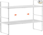 2Pack 16.5-27’’L Expandable Cabinet Shelf Organizers, Stackable Metal Shelves Extender for Kitchen Countertop Storage, Adjustable Spices Shelves Rack Stand for Cupboard Pantry, White