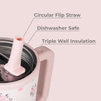 HydroJug Traveler - 20 oz Water Bottle with Handle & Flip Straw - Fits in Cup Holder, Leak Resistant Tumbler-Reusable Insulated Stainless Steel & Rubber Base - Gifts for Women & Men, Wildrose