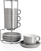 Sweejar Porcelain Espresso Cups with Saucers, 4 Ounce Stackable Cappuccino Cups with Metal Stand for Coffee Drinks, Latte, Tea - Set of 4 (Gray)