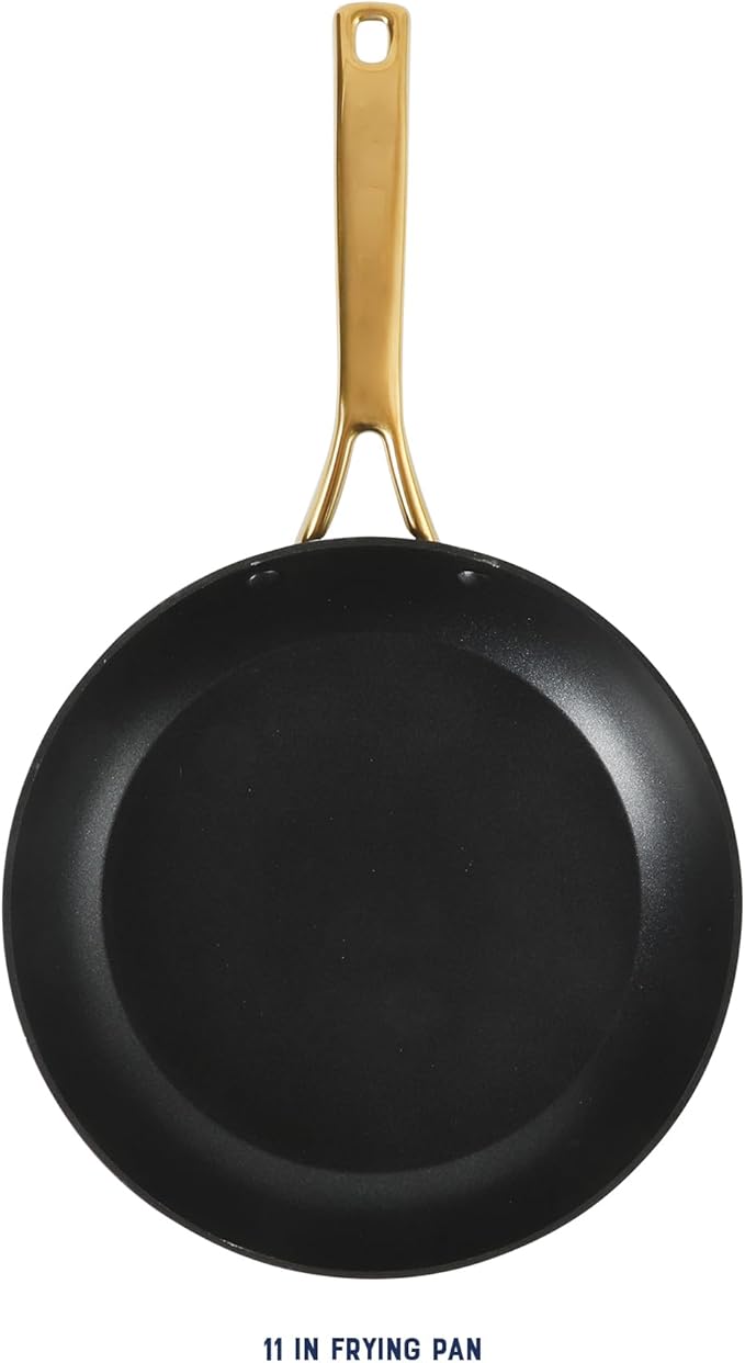 Oster Platinum Abbotsford 11-Inch Nonstick Skillet Fry Pan – Matte Black Stripe Cookware with Gold Handle, Dishwasher Safe, Modern Kitchen Essentials