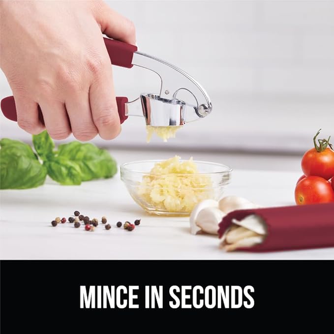 GORILLA GRIP Garlic Press and Peel Set, Heavy Duty Mincer Tool, Easily Mince and Crush Garlics, Ginger, Nuts, Seeds, Large Ergonomic Handle, Peeler Included, Peeling Cloves, Kitchen Gadgets, Red