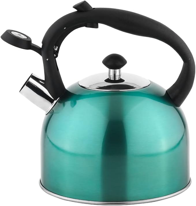 Amazon Basics Stainless Steel Tea Kettle, Hot Water Kettle with Whistle Spout, Fast Boiling, Ergonomic Handle, 2.4-Quart, Teal