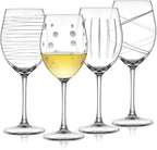 Joeyan Hand Blown Etched Red and White Wine Glasses,Stemmed Glasses with Stripes and Dots Pattern,Clear Carved Long Stem Glassware Set for Wine Tasting Birthday Anniversary Wedding,19 oz,Set of 4