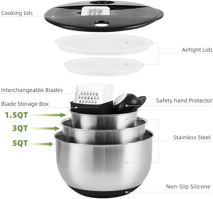 Mixing Bowls with Lids Set,Pack of 3 Stainless Steel Nesting Bowls with Grater Airtight Lids Non-Slip Bottoms for Slicing,Shredding,Grating,Mixing,Cooking,Baking(Black)