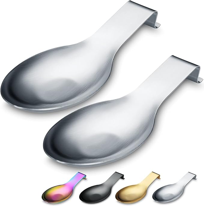 Matte Silver Stainless Steel Spoon Rest, 2-in-1 Stove Top Holder for Ladles, Tongs, Spatula, Pot Lid - Dishwasher Safe (2PC-9.5 Inch)