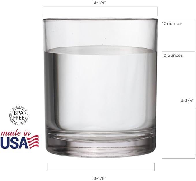 US Acrylic Classic Clear Plastic Reusable Drinking Glasses (Set of 6) 12oz Rocks Cups | BPA-Free Tumblers, Made in USA | Top-Rack Dishwasher Safe
