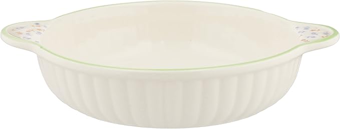 Banko Ware 14085 Oven-safe, Round Au Gratin Dish, Small Flower Green Line, Diameter Approx. 8.1 inches (20.5 cm), Microwave Safe, Made in Japan