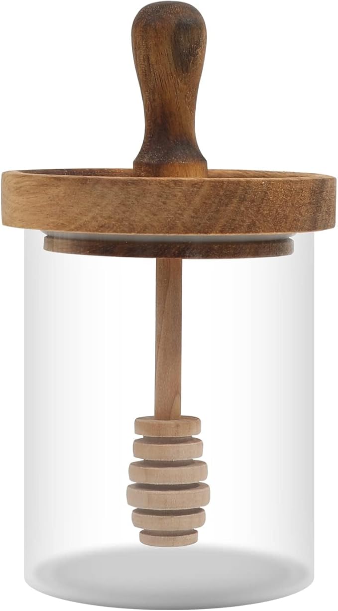 Honey Jar with Dipper and Lid - Glass Honey Pot with An Extra Wooden Dipper Stick, Home Kitchen Honey Containers Holder with Wider Diameter to Store Honey and Syrup, Airtight 13.5 oz