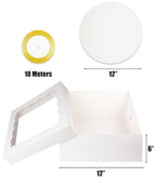 qiqee 12x12x6 Cake Box, 18 Sets White Cake Box with Window ＆ 18 Sets 12" White Cake Round Boards, 12inch Cake Containers, 10 Meters Gold Silk Ribbon