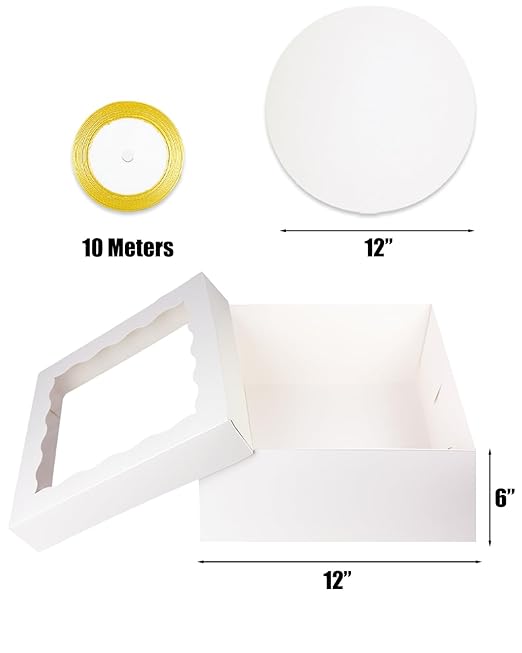 qiqee 12x12x6 Cake Box, 18 Sets White Cake Box with Window ＆ 18 Sets 12" White Cake Round Boards, 12inch Cake Containers, 10 Meters Gold Silk Ribbon