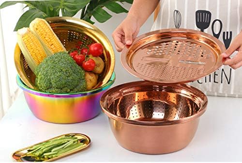 3PC/Set Colander set Stainless Steel Vegetable Slicer Fruit Potato Peeler Carrot Grater Strainer Utensil Round Rice Washer Bowl Drain Basket-Rose Gold