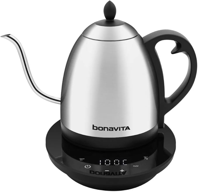 Bonavita Cosmopolitan 1.0L Gooseneck Electric Kettle, Stainless Steel Water Boiler for Coffee Brew and Tea Precise Pour Control, 6 Preset Temps, Glass Touch Panel, 1200W Fast Boil, Stainless Steel