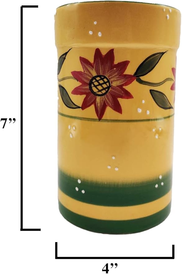 ACK Country Sunflower Hand Painted Ceramic Utensil Jar With Wooden Tool, Utensil Holder, Utensil Crock, Modern Kitchen Decor, Kitchen Storage for for Spoon, Ladle, Spatula and More
