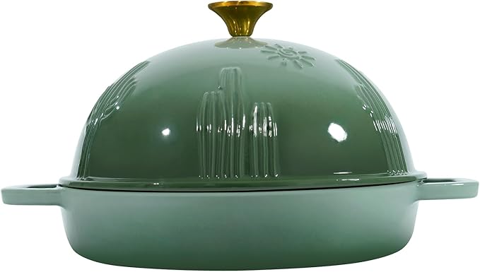 Cast Iron Bread Oven With Cloche Lid for Baking - Green Enameled Dutch Oven With Dome Lid for Sourdough - 2.6 qt