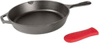Lodge 12 Inch Cast Iron Skillet with Red Silicone Hot Handle Holder – Pre-Seasoned Frying Pan for Stove, Oven, Grill & Campfire – Made in the USA – Durable, Nonstick Cast Iron Cookware – Black